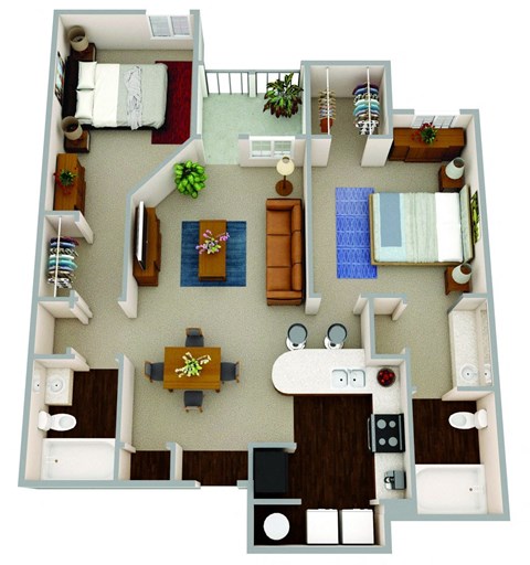 Floor plan for 2 beds, 2 baths, 970 sqft